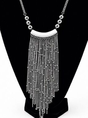 Fringe~ Ball Chain Trim Plume Chandelier Flapper 1920s Punk Edgy Silver Necklace